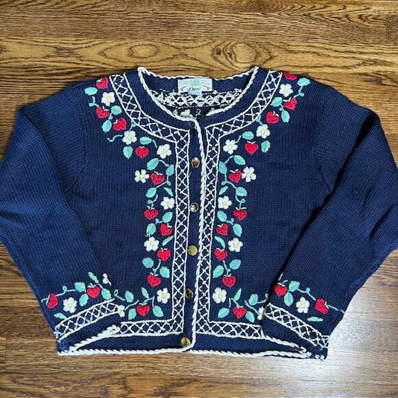 VTG Orvis Knit Cardigan Sweater Womens M Navy Blue Strawberry Flowers - Picture 1 of 9